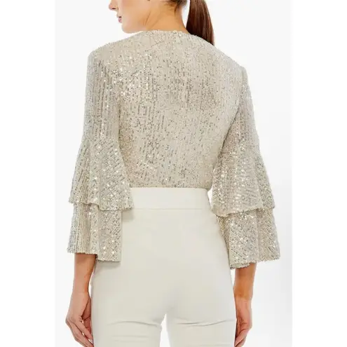 Mac Duggal NWD Size Small Nude Silver Ruffle 3/4 Sleeve Sequin Bodysuit R26822 - Image 2
