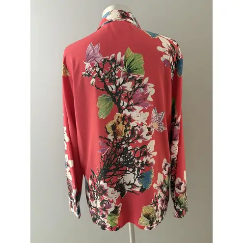Natori Pajama Shirt Womens Medium Floral Butterfly Print Button Up Lounge Top Red