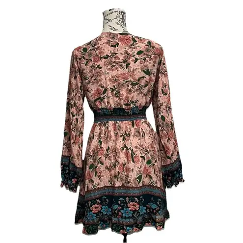 Miss Sparkling GypsyLady Boho Floral Mini Dress Ruffle Hem Boho Peasent Wrap M Tan Size M