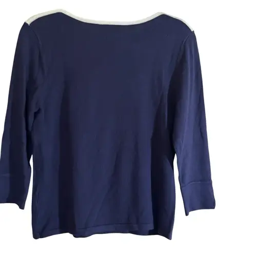 Investments Petites Navy Blue White Trim Crewneck 3/4 Sleeve PM NWT Sweater