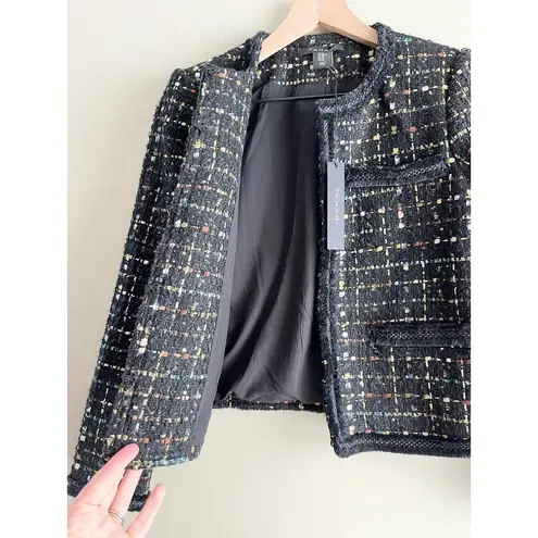 Tahari NWT Metallic Thread Tweed Fringe-Trim Blazer Jacket in Black, XS