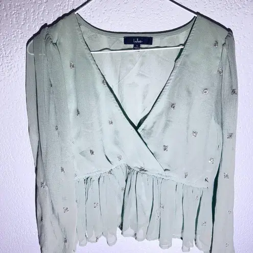 Lulus Light Sage Green Embroidered Peplum Blouse – Size Small