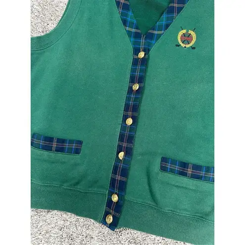 Liz Claiborne Vtg Lizsport Golf Preppy Tennis Sweater Vest V Neck Button Up Plaid Green/Blue L