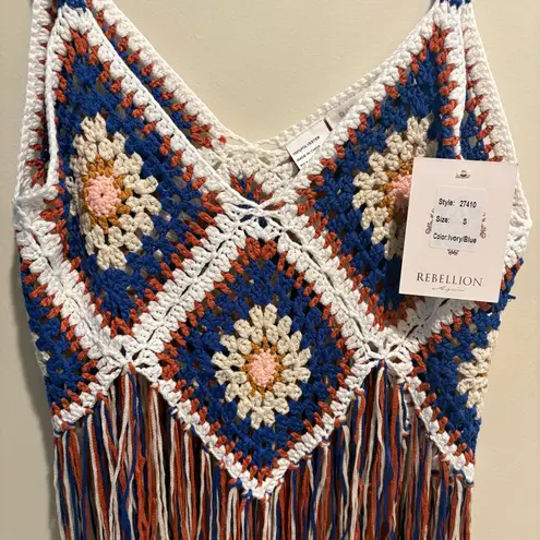 NWT Rebellion Again Granny Square Crochet Fringe Tank Top S Boho Festival Hippie Multiple