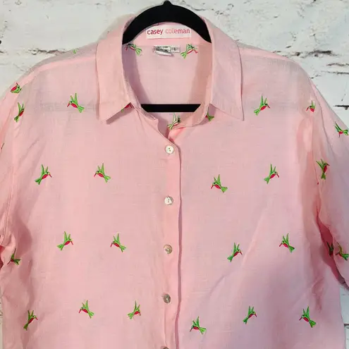 Casey Coleman Pink Embroidered Linen Shirt Large Cottagecore Festival Blouse