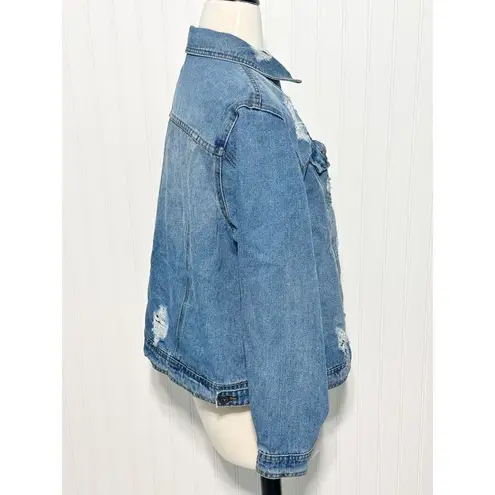 Highway Jeans Women's Distressed Collared Button Down Denim Jacket Blue Size 1X