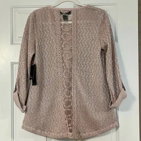 NWT Ali Miles Sparkle Blush 3/4 Sleeve Embroidered Sweater Sheer Back Small Pink