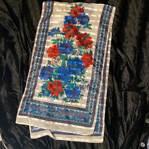 Vintage red, blue, white poppy carnations floral scarf