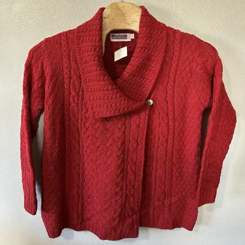 HIGHLAND Home Industries Women's XL Red Cable Knit Pure Wool Cardigan Sweater