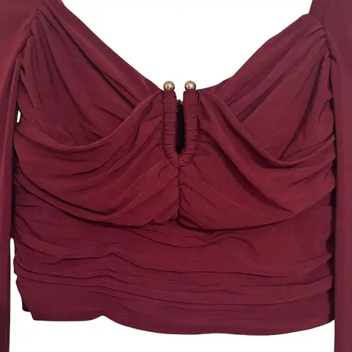 SELF PORTRAIT Cropped Long Sleeve Draped Gathered Knit Blouse Burgundy Top Sz 0 Red