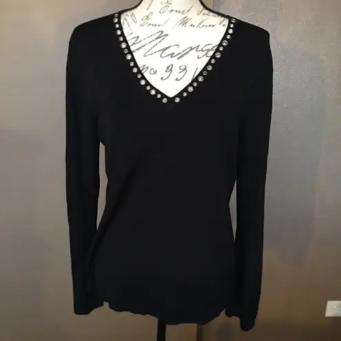 Black Knit V Neck Top with Silver Grommet Accents Size M
