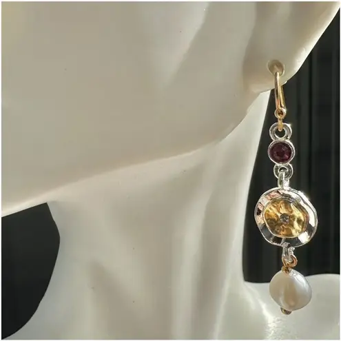 Faux pearl silver gold tone drop earrings