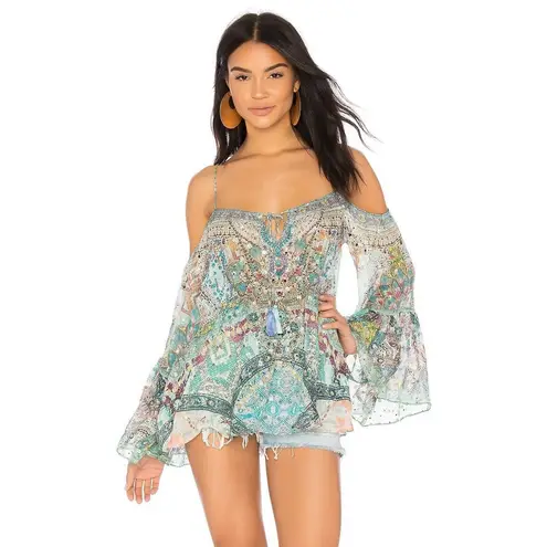 Camilla Silk Drop Shoulder Metallic Sparkle Embellished Boho Top Blouse XS