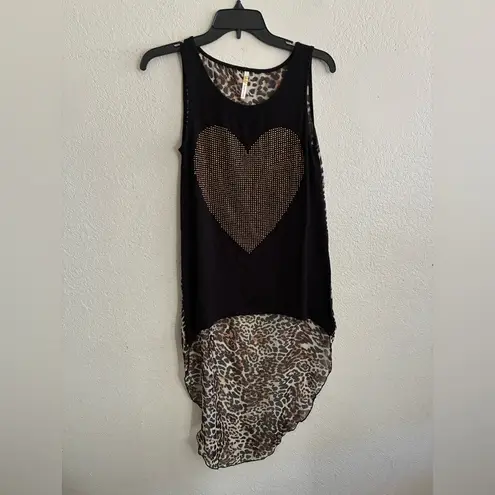 Ocasion High Low Black Righstones Heart Leopard Sheer Contrast Tunic Top S