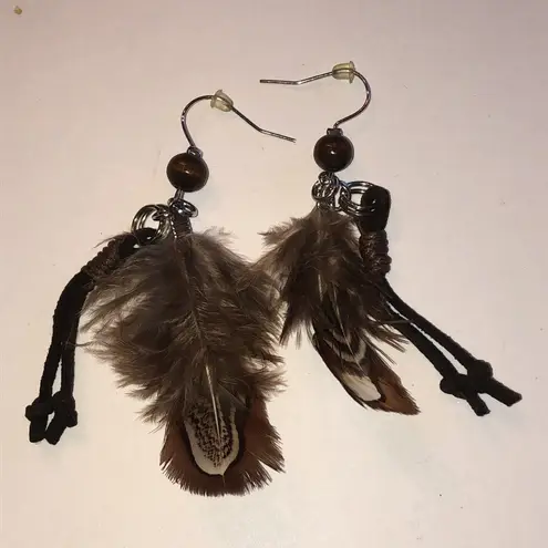 Feather Boho Dangle Earrings with Brown Accents