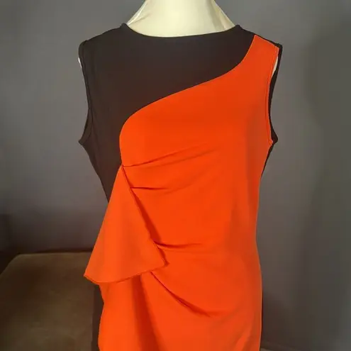 Women’s Black & Orange Asymmetrical Ruffled Front Midi Dress Zip Up Back Size M Orange Size M