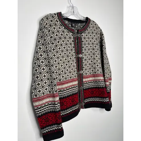 Vintage SKYR Norway Wool Cardigan Nordic Pewter Clasp Selbu snowflake medium Red