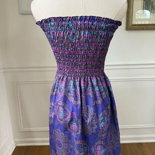 Vintage 80s Purple Strapless Smocked Top Sun Dress S