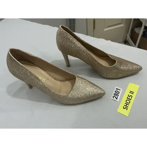 Allegra K Womans Size 7 Gold Sparkly Pointed Toe Heel Pumps Slip On