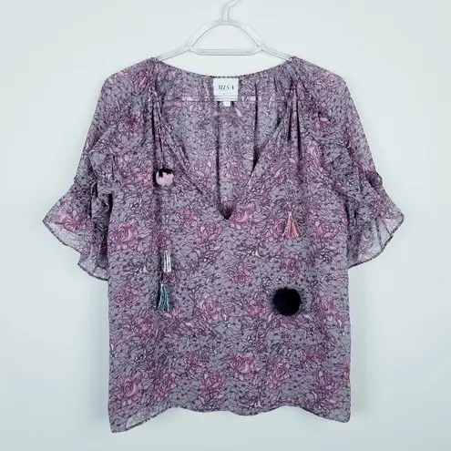 MISA Los Angeles Lino Floral Tassel Ruffle Blouse Top