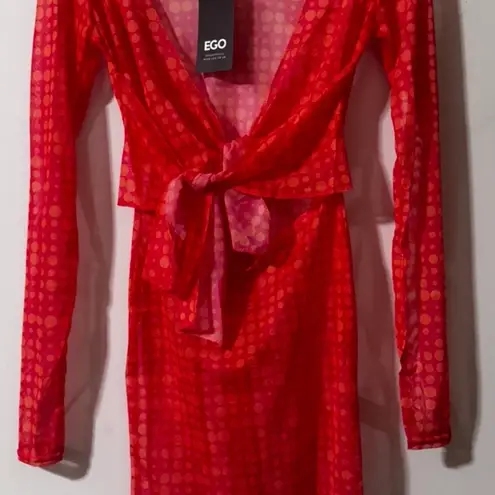 EGO LONG SLEEVE KNOTTED CUT OUT DETAIL MINI BODYCON DRESS IN PINK SPOTTY MESH