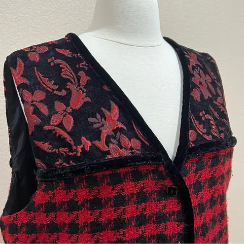 Coldwater Creek Red & Black Jacquard Floral Houndstooth Vest Velvet Trim Large