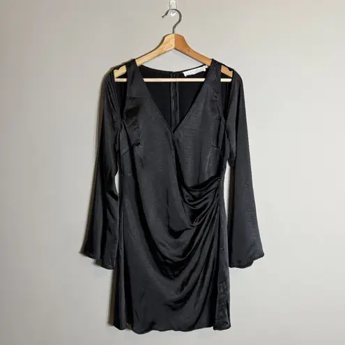 ASTR  the Label Long Sleeve Cutout Faux Wrap Mini Dress Womens Medium Black Satin