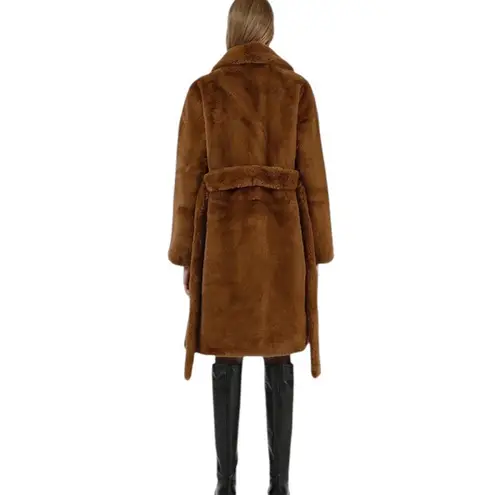 APPARIS Women's Faux Fur Vegan Belted Coat in Camel Size Large NWT MSRP $340 Brown
