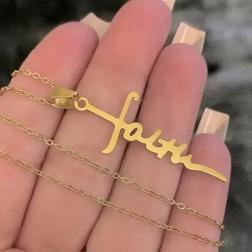 Gold Plated Stainless Steel Faith Cross Necklace – Inspirational Script Pendant
