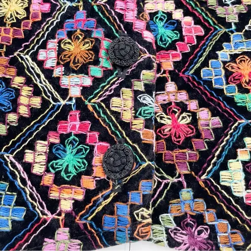 Vintage 80s 90s Try One Rainbow Embroidered Vest Diamond Print Size Medium Funky Black