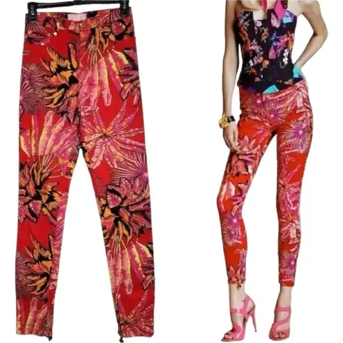 Versace  x H&M Women’s 4 Red Pink Orange Floral Print High Rise Ankle Zip Jeans