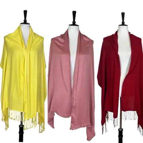 Women’s Bundle 3 Oblong Scarfs Solid Bright Jewel Colors Yellow Red Rose Pink