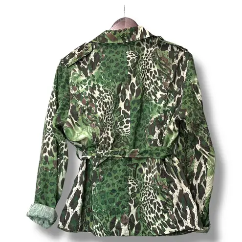 Script Green Animal Print Utility Jacket Sz 14 Womens Belted Safari Style Indie