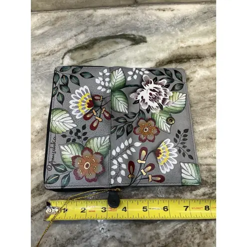 Anuschka Women's Hand Painted Wallet Floral Design Gray Green Leaves
