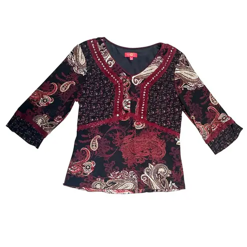 Sangria Size 10 Burgundy Paisley Studded V Neck Lined Blouse Vintage Boho Core
