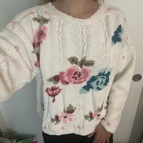 Vintage Floral Chunky Knit Sweater White Size L