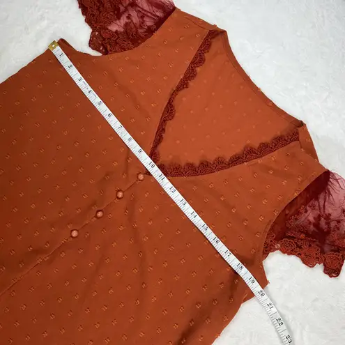 SheIn Frenchy Swiss Dot Guipure Lace Detail Embroidered Mesh Blouse Rust Orange