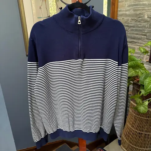 Weatherproof Vintage Navy and White Striped 1/4 Zip 100% Cotton Sweater L