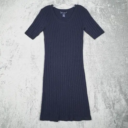 Susan Graver Dress Womens XS Navy Blue Cable Knit Ribbed Sweater Dress Preppy