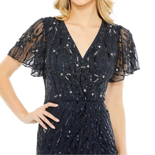 Mac Duggal Sequin Embellished Beaded Faux Wrap Gown Navy Blue Sz 14 NWT 93654
