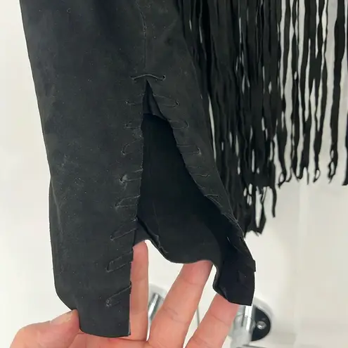 ZARA  Small Black Open Front Goat Skin Suede Fringe Long Sleeve Jacket Top