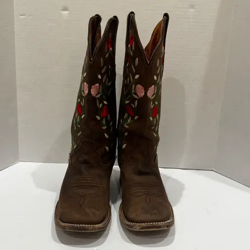 Valeria Boots Brown Square Toe Embroidered Rose Cowboy Western Boots Size 7