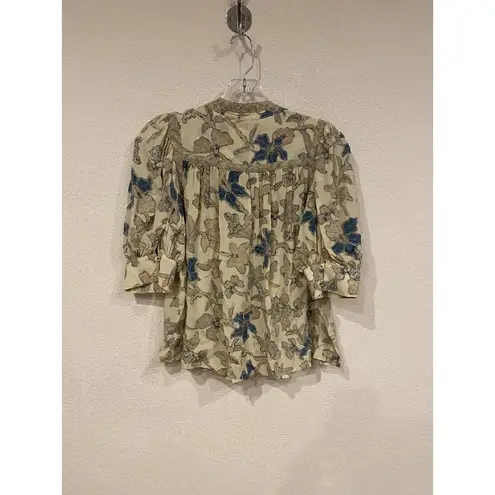 Ulla Johnson Desdra Blouse Womens 2 Cream Silk V-Neck Ruffle Puff Sleeve Floral