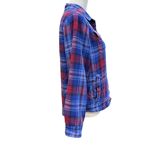 LL Bean Shirt Jacket Women’s XS Blue Plaid Fleece Lined Snap Front Pockets Cozy