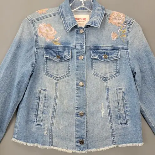 Mossimo Women Size XS Jacket Blue Jean Stretch Distressed Grunge Raw Hem Floral