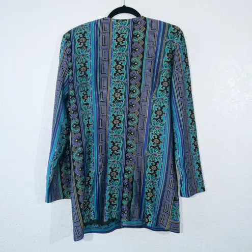 Lady Carol Vintage Blue & Green Art Deco Long Button Up Blazer Size 12