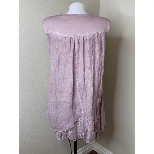 Pretty Angel Pink Embroidered Sleeveless Long Blouse Short Dress Sz S Linen Bld