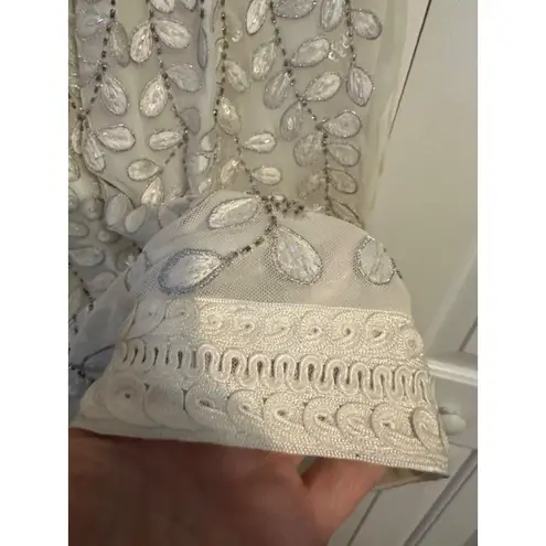 Sue Wong Dress Ivory Embroidered Beaded Leaf Pattern Sleeveless V-Neck 0