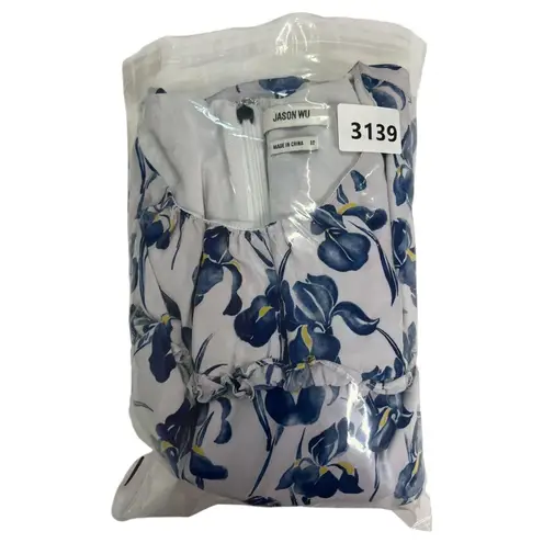 Jason Wu Dress Womens 10 White Blue Silk Floral Ruffle Mini Long Sleeve Designer