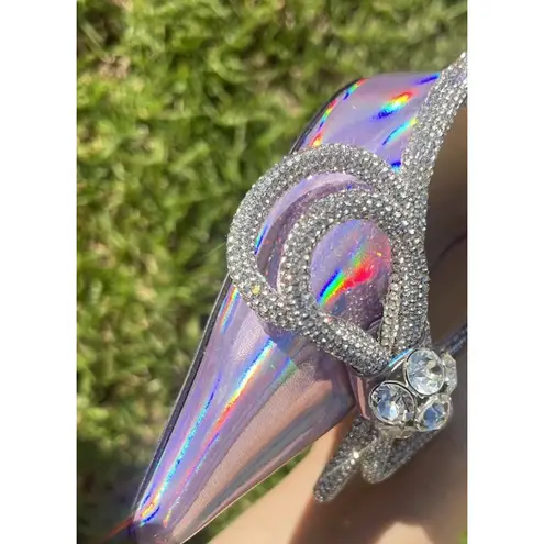 MACH & MACH Pink Iridescent Crystal Embellished Bow Mules Size EU 38